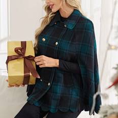 Shein 1pc Plaid Print Scallop Trim Double Breasted Cape Overcoat