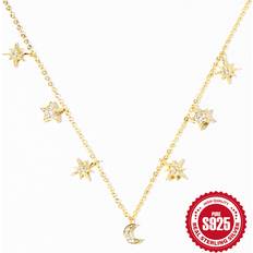 Shein 1pc Star Moon Cubic Zirconia S925 Sliver Necklace Women Statement Fine Necklace