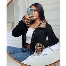 Acrylic Cardigans Shein Contrast Leopard Panel Cardigan