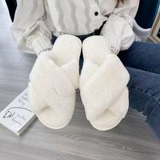 Vita Innetofflor Shein Preppy White Bedroom Slippers For Women, Fuzzy Cross Strap Slippers