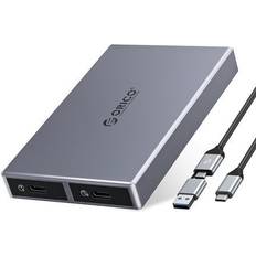 External Enclosures Orico ORICO M.2 NVMe and SATA SSD Dual Bay Aluminum SSD Enclosure USB3.2 Gen2 10Gbps USB C for Dual Protocols SSD With USB C to C/A 2-in-1 Cable Support