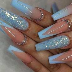 Shein Upgrade Your Look With 24pcs Icy Blue French Tip Long Coffin Glittered Full Cover Fake Nail Kit