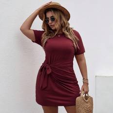 Shein Plus Tie Front Wrap Fitted Dress - Burgundy