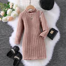 Long Sleeves Dresses Children's Clothing Shein Young Girl Mock Neck Ribbed Knit Dress