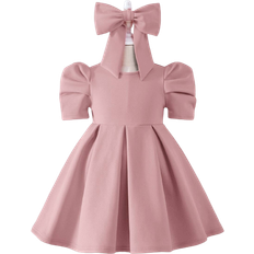 Shein Toddler Girl's Puff Sleeve Fold Pleated Dress With Headband - Dusty Pink