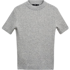 Mango Short-Sleeved Braided Wool Sweater - Light Heather Grey