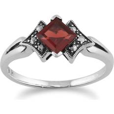 Red Rings Gemondo Art Deco Style Square Garnet & Marcasite Ring in 925 Sterling Silver