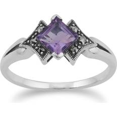 Amethyst Rings Gemondo Art Deco Style Square Amethyst & Marcasite Ring in 925 Sterling Silver