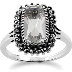 Silver Plated - Women Rings Gemondo Art Deco Style Rock Crystal & Marcasite Halo Cluster Ring In Silver