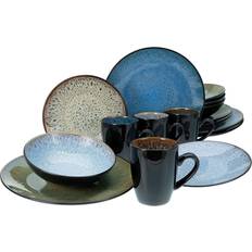 16 Piece Dinnerware Blue Black Tan