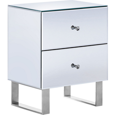 Beliani Mesa De Vidrio Plateado 48 x 35 cm 2 Cajones Espejado Pomo Glamour Nesle Mesita de noche