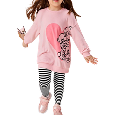 Viscose Other Sets Shein Girl's Cartoon Graphic Drop Shoulder Pullover & Striped Leggings 2pcs -Multicolor (sk2207123758523512)