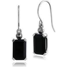 Black Earrings Gemondo Art Deco Style Octagon Black Onyx & Marcasite Drop Earrings in 925 Sterling Silver