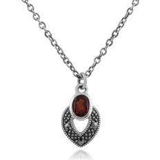 Art Deco Style Oval Garnet & Marcasite Necklace in 925 Sterling Silver