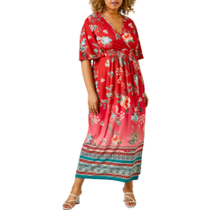 Roman Curve Floral Border Print Maxi Dress - Red