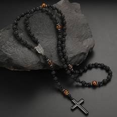 Grey - Men Necklaces Shein Vintage Beaded Volcanic Rock Tigers Eye Stone Necklace - Black