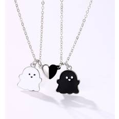 Zinc Necklaces Shein 2pcs Classic Ghost Designed Zinc Alloy Black & White Oil Drip Magnet Pendant Necklaces, Ideal For Women & Best Friends For Everyday Use