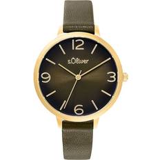 s.Oliver dam kvartsklocka analog med läderarmband, guld, 3 bar vattentät, levereras i en presentask, 2036549, Grön, Armband