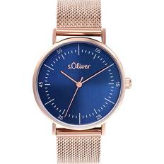 s.Oliver dam kvartsur analog med armband i rostfritt stål, roséfärger, 3 bar vattentät, levereras i presentask 2036553, blå Armband