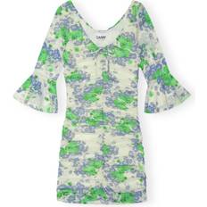 Multifärgade - Nylon Klänningar Ganni Printed Mesh U-neck Ruched Mini Dress White