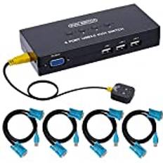 USB KVM VGA-omkopplare med 4 Kablar, 4 Portar KVM Switch för 4 PC dela 1 Bildskärm och 3 USB-enheter, Tangentbord, Mus, Skanner, Skrivare