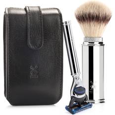 Barbertilbehør Mühle Rejsebarbersæt med Skraber og Børste, Sort læder