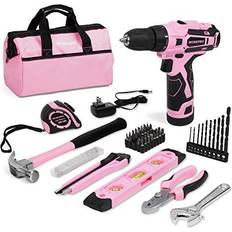 Drills & Screwdrivers WORKPRO 12v pink cordless drill driver&61pc home tool kit w/14-inch storage bag