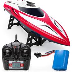 RC Boats Force1 Force1 Velocity H102 RC Boat Remote Control Boat for Pools and Lakes, Fast RC Boats for Adults and Kids with 20 mph Speed Boat, 4 Channel 2.4GHZ Remote Control, and Rechargeable Boat Battery Red