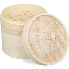 Cuiseurs vapeur Relaxdays Cuiseur Vapeur Bambou Panier Asiatique Avec 3 Étages Pour Dim Sum Ø 24 cm