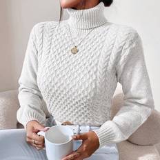 Roll Neck Jumpers - White Shein Turtleneck Cable Knit Sweater