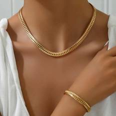 Silver Smyckesset Shein 2pcs/set Street Style Women's Stainless Steel Necklace And Bracelet Set, Chunky Lock For Aesthetic Look