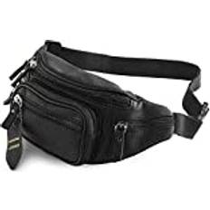 Leather - Men Bum Bags Genuine Bauchtasche, multifunktional, echtes Leder, Hüfttasche, Reisetasche für Damen und Herren, mehrere Taschen und stabile Reißverschlüsse, ideal zum Wandern, Laufen und Radfahren schwarz