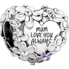 Mum Daisy Heart Charm - Silver/Pink/Purple