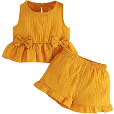 Shein Baby Bow Front Ruffle Hem Tank Top & Shorts - Mustard Yellow