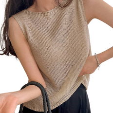 Shein Dazy Solid Round Neck Knit Top - Khaki