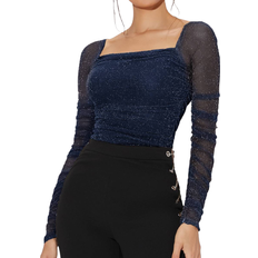 Fyrkantig Blusar Shein Prive Mesh Panel Ruched Glitter Top - Navy Blue