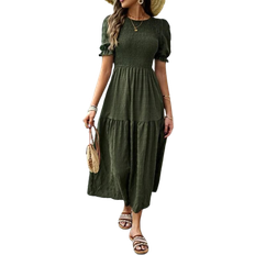 Shein Puff Sleeve Shirred Ruffle Hem Dress - Maxi
