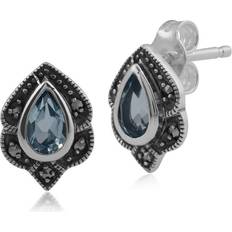 Art nouveau style blue topaz & marcasite leaf stud earrings in sterling silver
