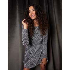 Short Dresses - Silver Blue Vanilla Stripe Glittery Long Sleeve Shift Dress Silver