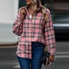 Pink - Women Shirts Shein Plus Plaid Print Drop Shoulder Shirt