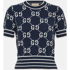 Gucci Sweatere Gucci GG-jacquard Cotton-blend Short-sleeved Sweater Womens Navy White