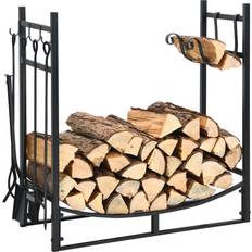 Brennholzkörbe Costway Robustes Brennholzregal & Werkzeugset mit Anzündholzhaltern & Schaufel 91x33x76cm Schwarz Schwarz