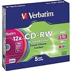 Verbatim CD-RW 700 MB, 5er Pack Slim Case bunt, CD Rohlinge beschreibbar, 52-fache Brenngeschwindigkeit mit langer Lebensdauer, leere CDs, Audio CD Rohling rewritable, CD leer