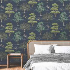 Wallpapers Rasch Navy Willow Woodland Wallpaper Birds Trees Forest Vintage Elegant Homes