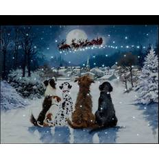 SnowTime Operated Fibre Optic 40x30cm Dogs Watching Santa Fly Over Village Decoration