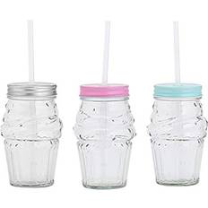 Blue Glass Jars with Straw Ice Cream Glass Jar with Straw 16fl oz 3