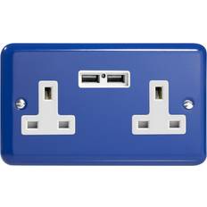 Blue Power Strips Varilight XY5U2W.RB Lily Primary Reflex Blue 2 Gang Double 13A Unswitched Plug Socket 2.1A USB