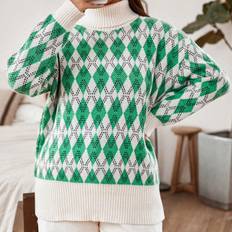 Multicoloured - Roll Neck Jumpers Shein Plus Argyle Pattern Turtleneck Drop Shoulder Sweater