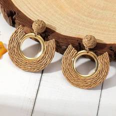 Green Earrings Shein 1pair Style Handmade Raffia Weaving Circle Shaped Earrings, Simple And Unique Ear Accessories Suitable For Women's Daily Wear