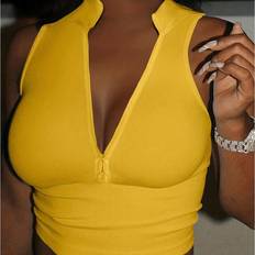Hög krage Linnen Shein Half Zip Ribbed Knit Crop Tank Top